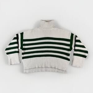 MADEWELL Wide Rib Cropped Turtleneck Sweater M Green Stripe Chunky Knit Preppy